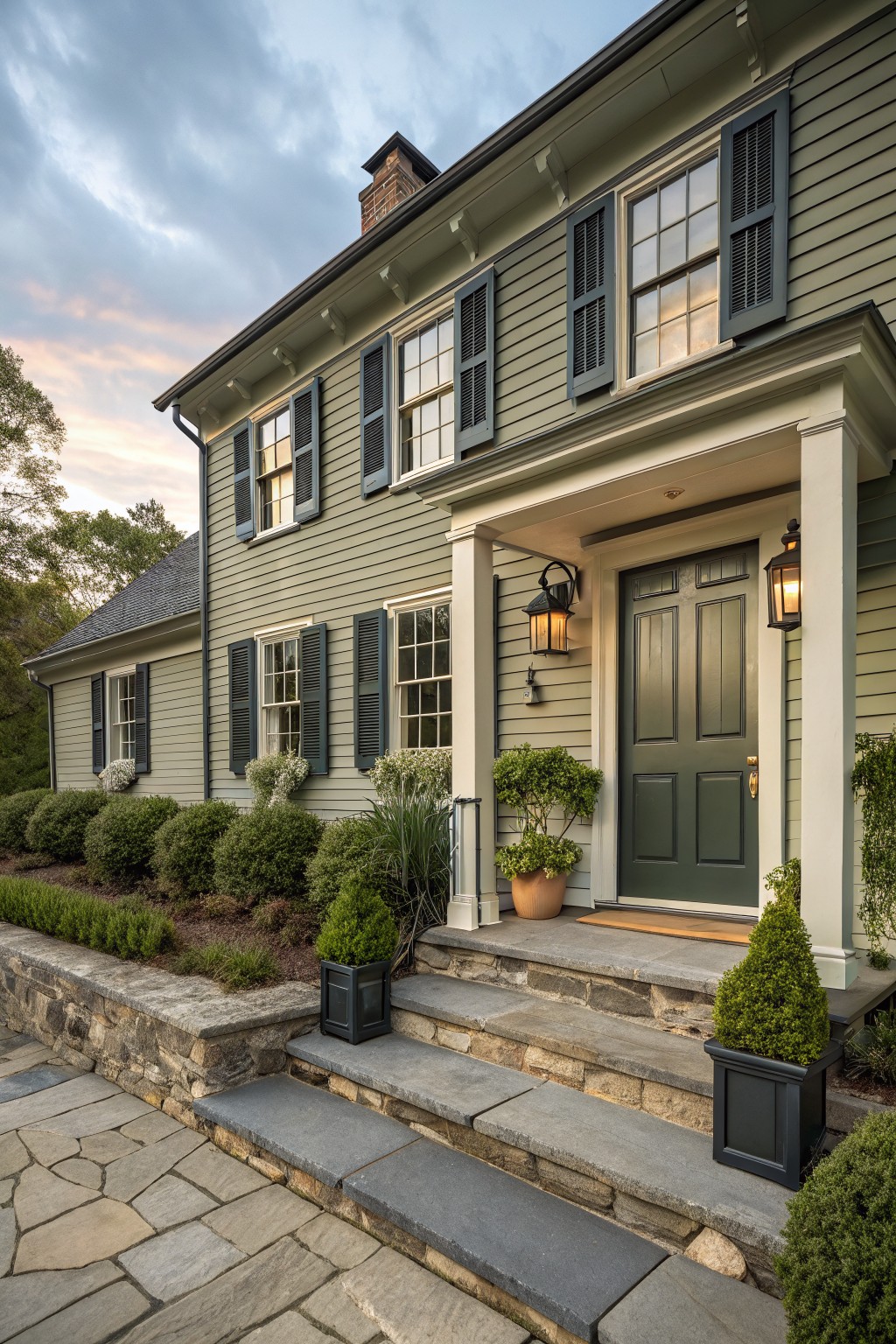 Muted green siding on a two-story farmhouse exterior with stone steps and trim.