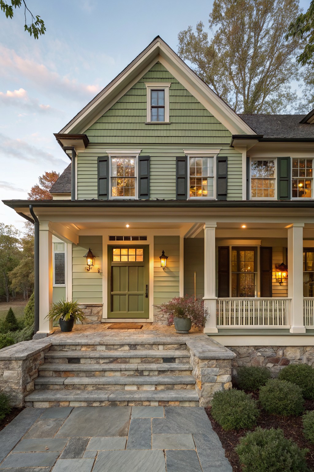 A house exterior with muted green siding and a stone porch.