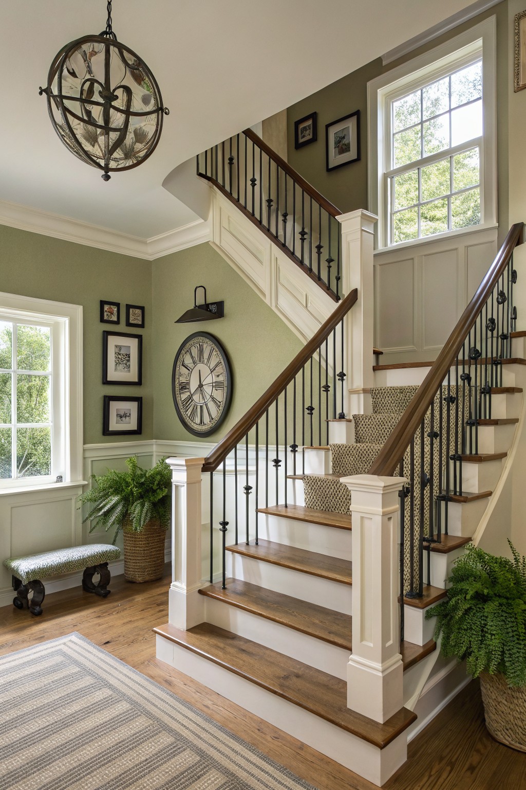 Muted sage green walls in a farmhouse style entry with white trim and a wooden staircase.