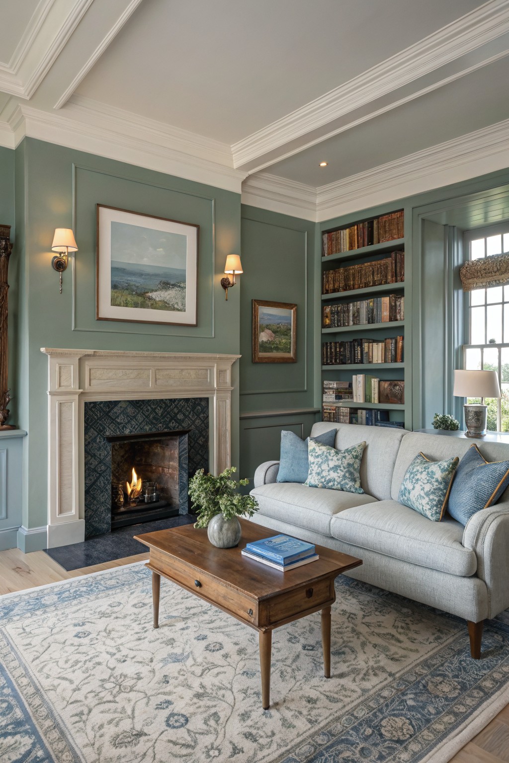 A living room with muted green walls and built-in bookshelves.