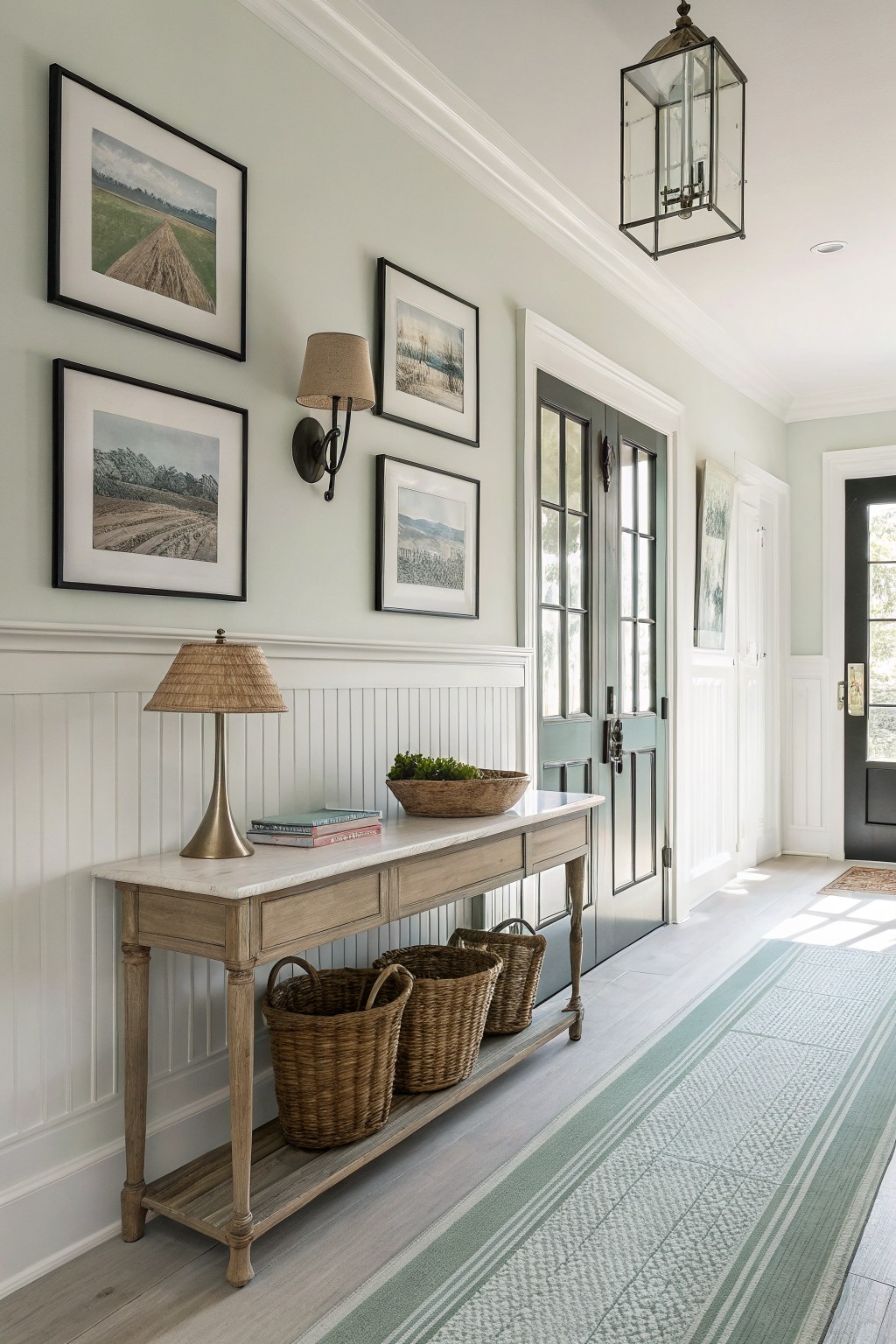 Light muted green walls with white wainscoting in a farmhouse entryway.