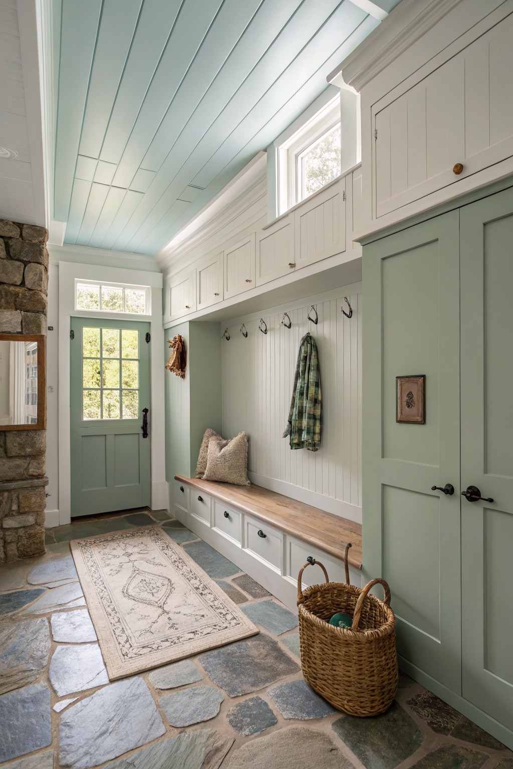 A mudroom with soft sage green walls and built-in storage.