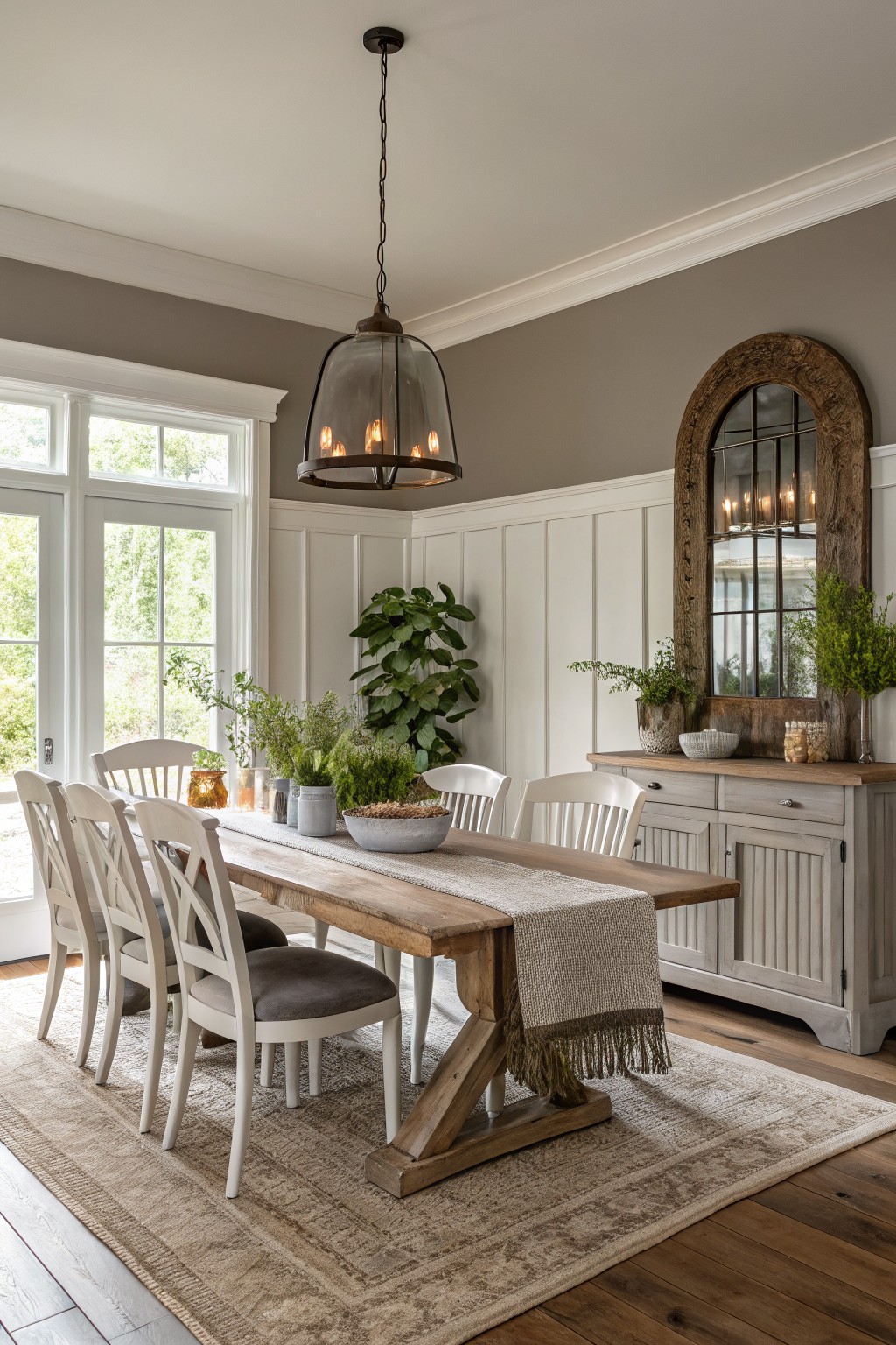 Warm gray walls in a farmhouse dining room with white trim and wood furniture.