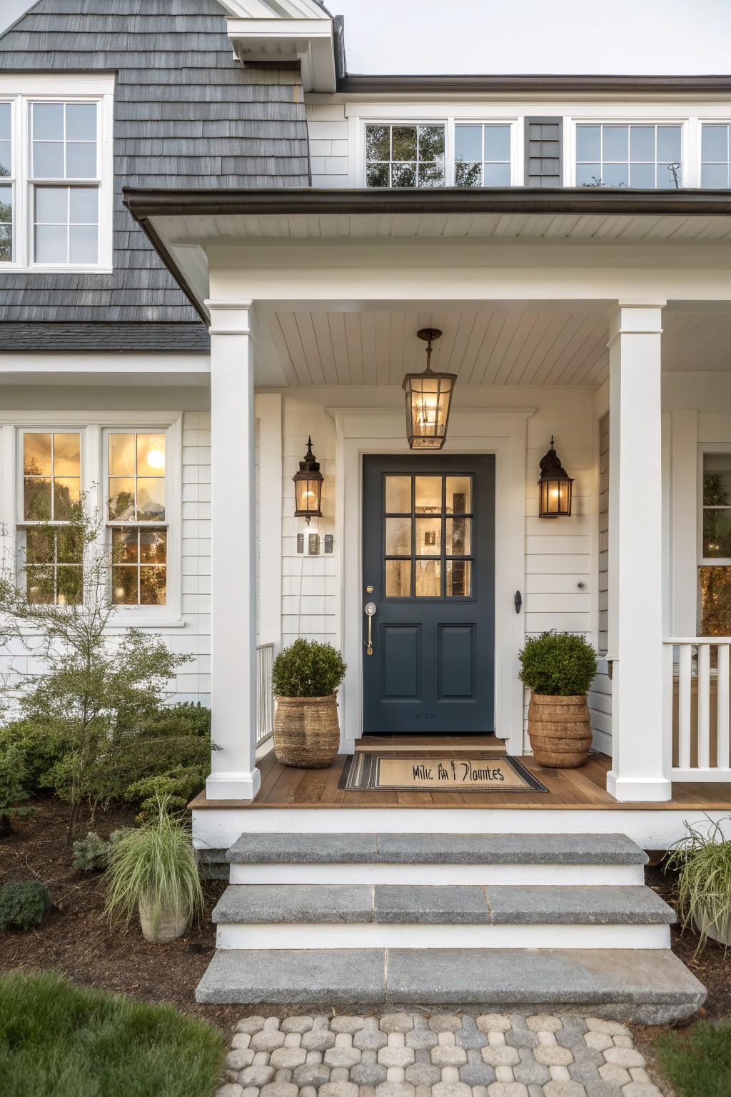 A deep navy front door on a white farmhouse with wood porch flooring.
