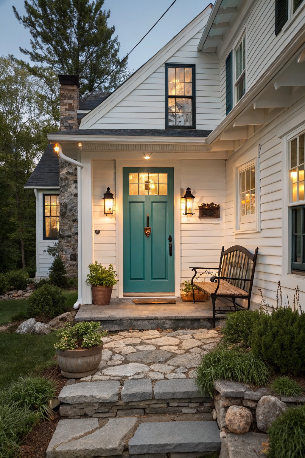 A teal front door on a white farmhouse with stone steps.