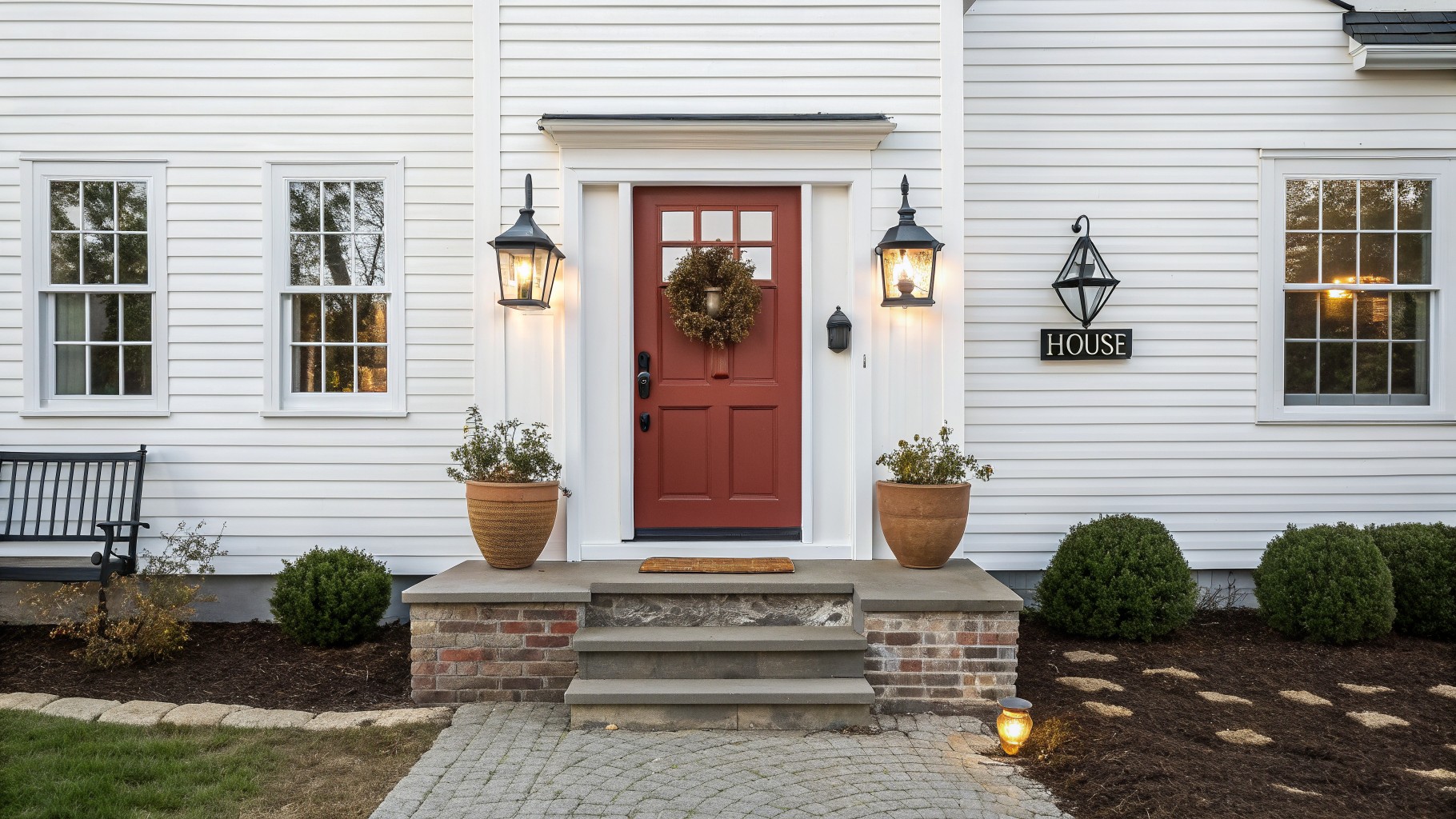 White farmhouse with a deep red front door and brick steps.