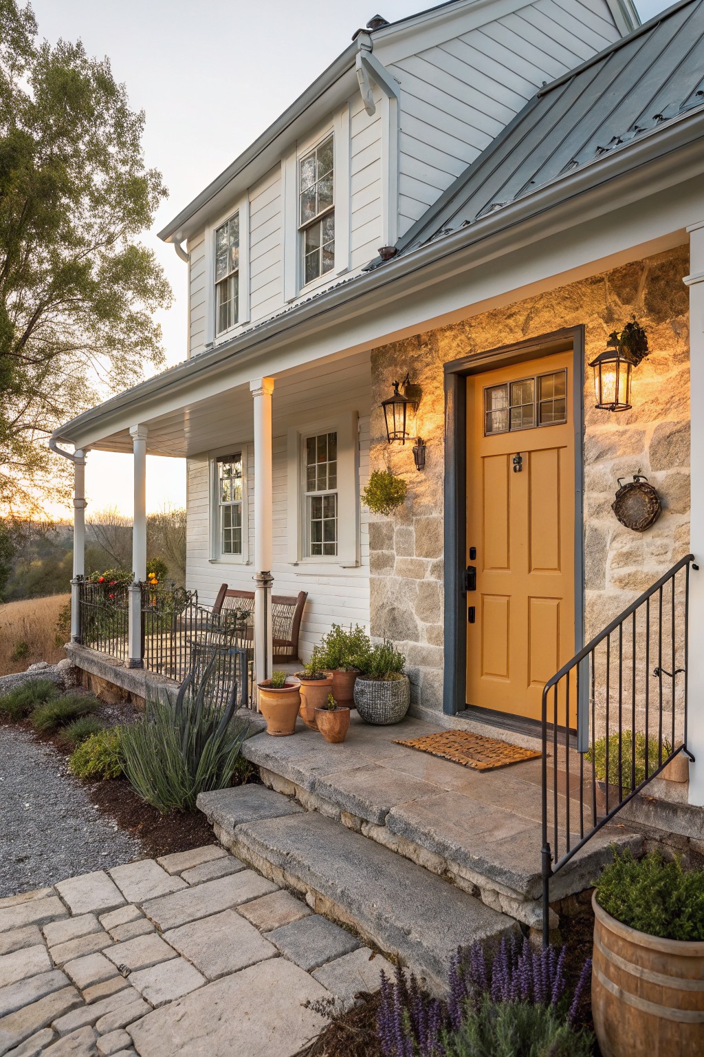 A golden orange front door on a white farmhouse with stone around the entrance.