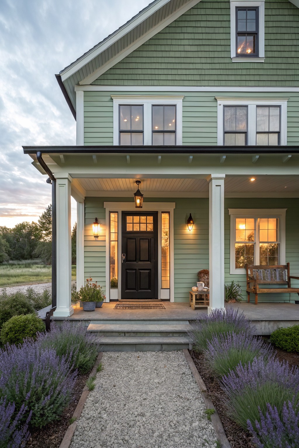 Green house with black door, lit porch lanterns, wooden bench, and lavender.