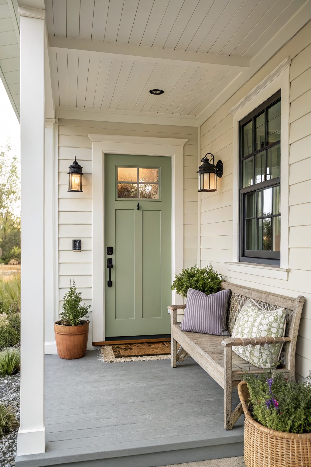 A soft sage green front door on a white-trimmed farmhouse porch.