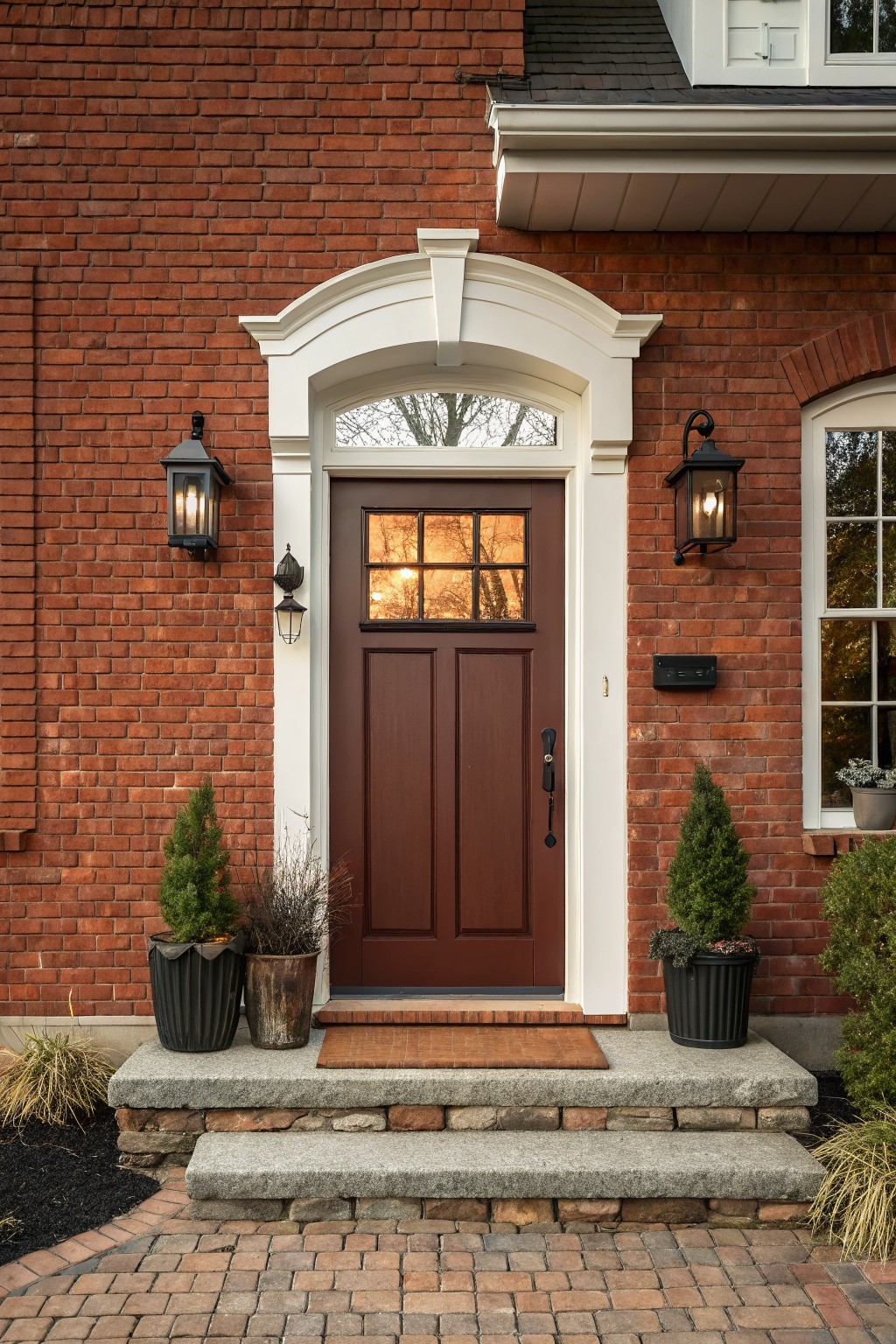 A deep brown front door on a red brick house with white trim.
