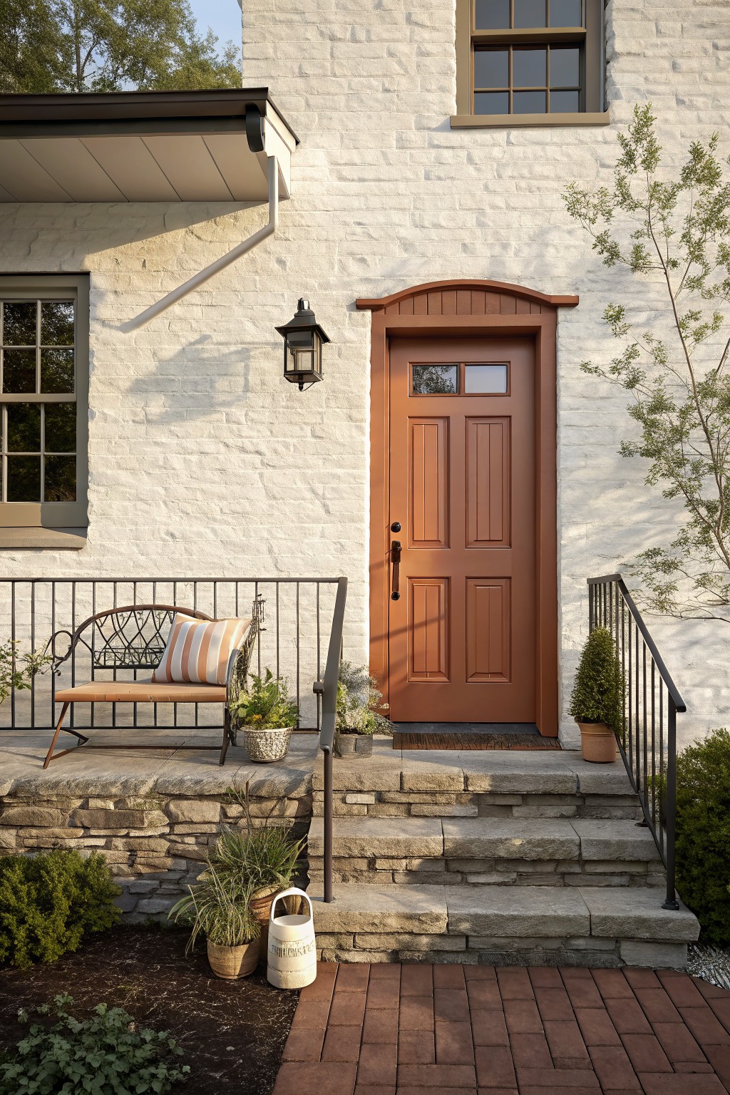 White brick house entrance with brown door, stone steps, and bench.
