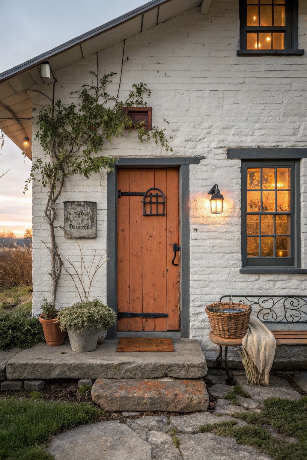 A white brick farmhouse with a warm terracotta front door.