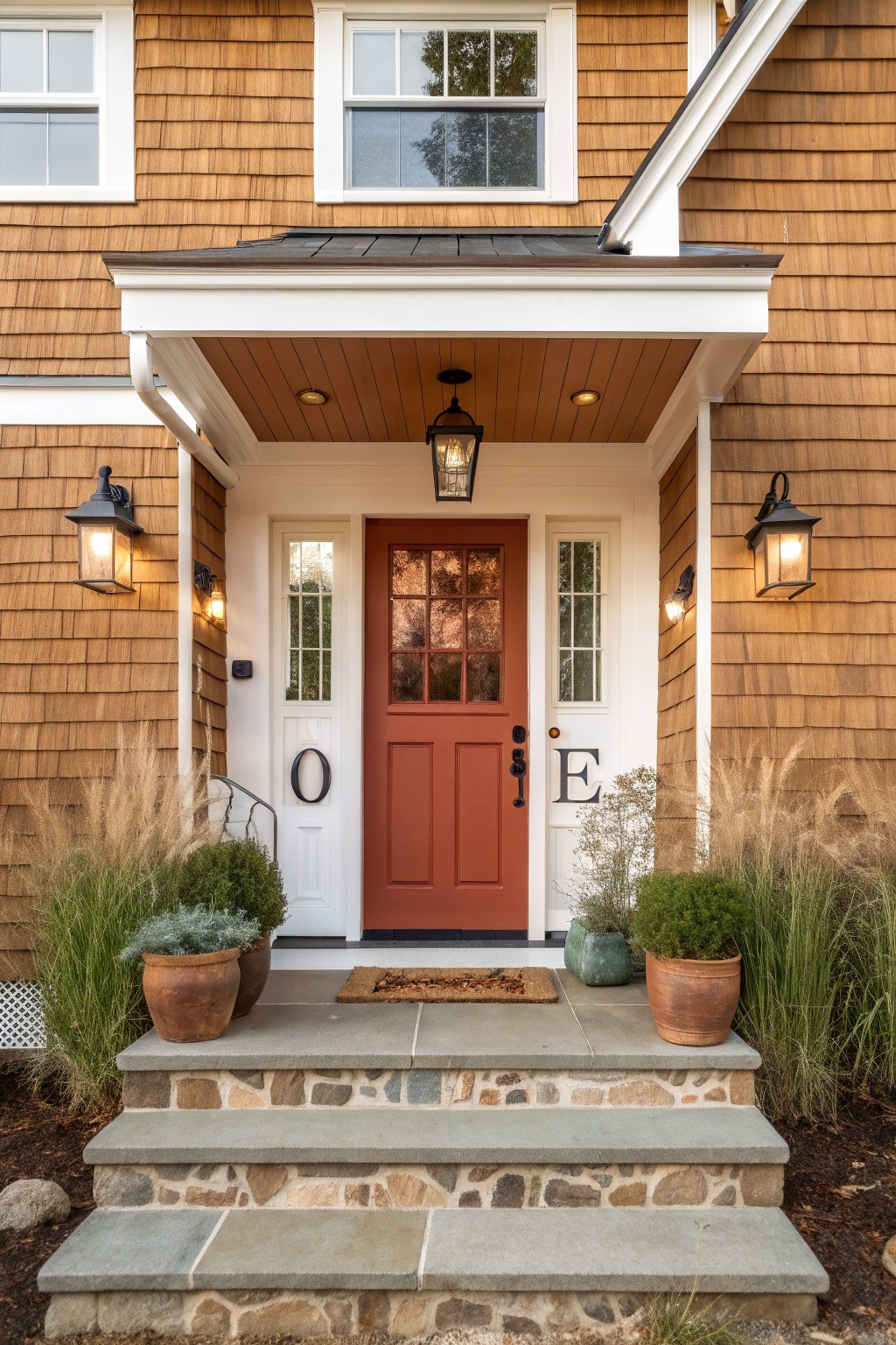 A terracotta red front door on a wood-shingled house with stone steps.