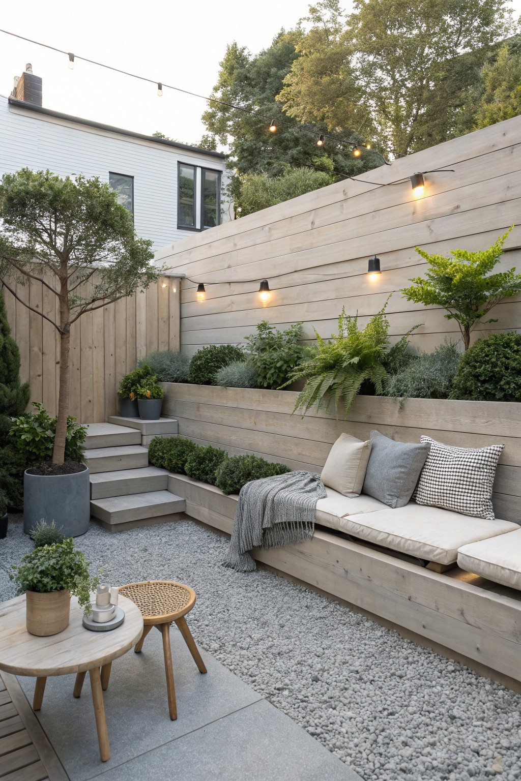 A small backyard patio with a long wooden built-in bench with cushions against a light wood fence, gravel ground cover, potted plants, a small round table, and string lights overhead.
