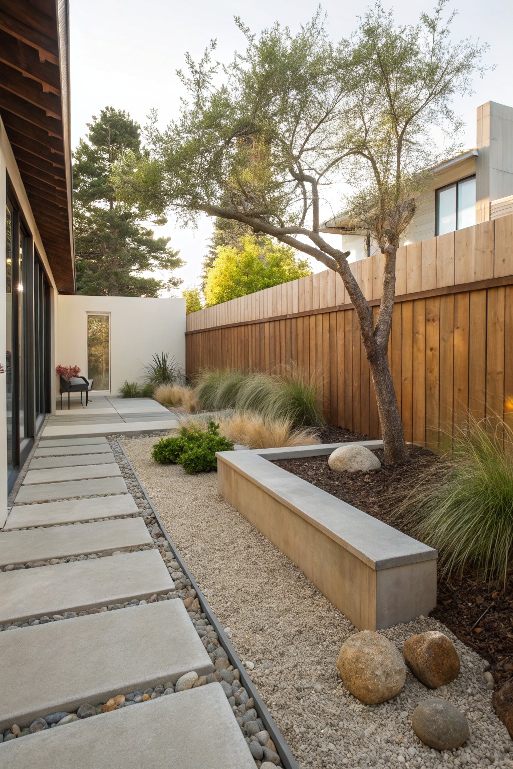 Modern backyard with concrete pavers, gravel, boulders, tree, and wooden fence.