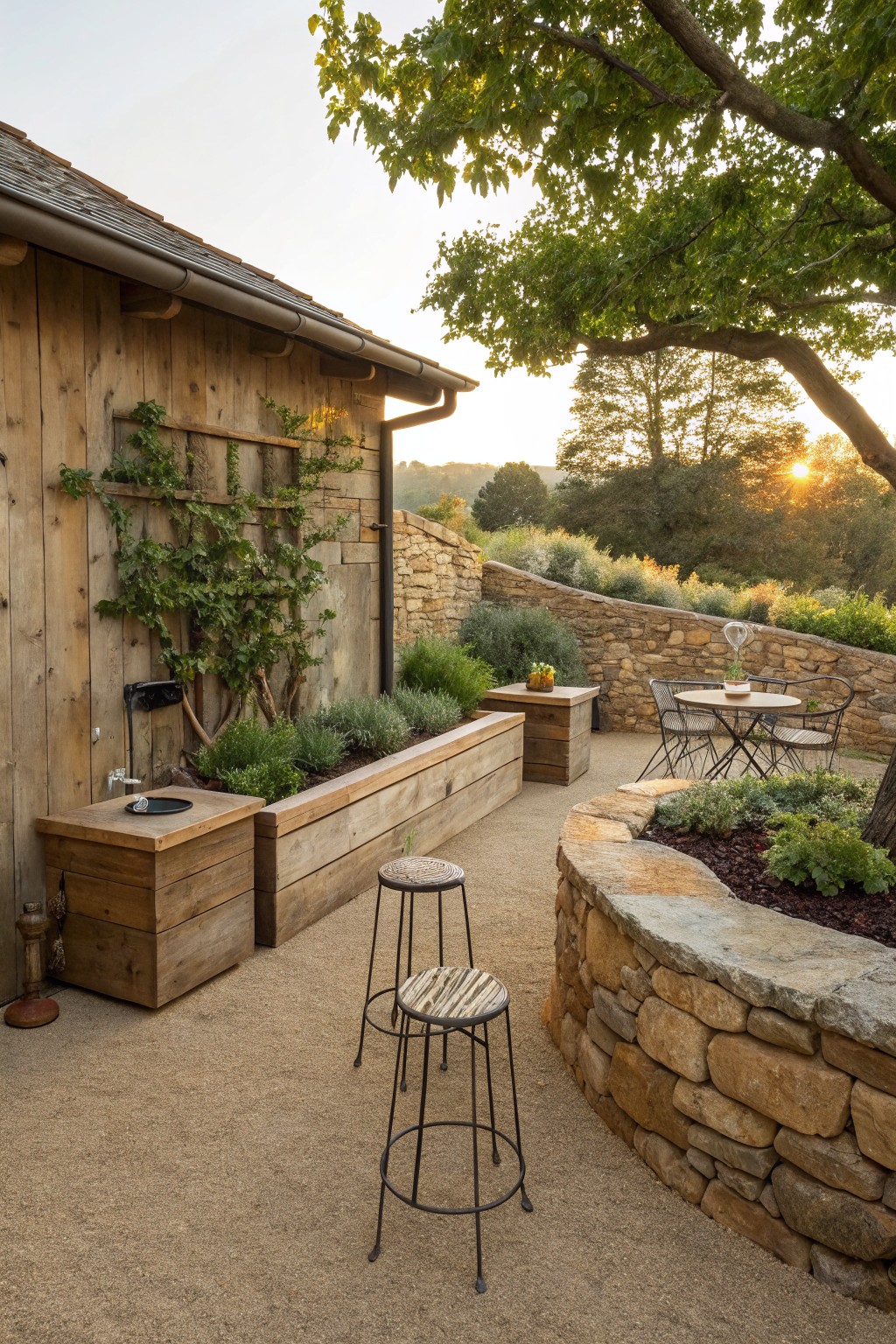 Backyard gravel patio with wooden planters along a house wall, two metal stools in the center, a small round table with chairs near a stone wall, and greenery in raised beds.