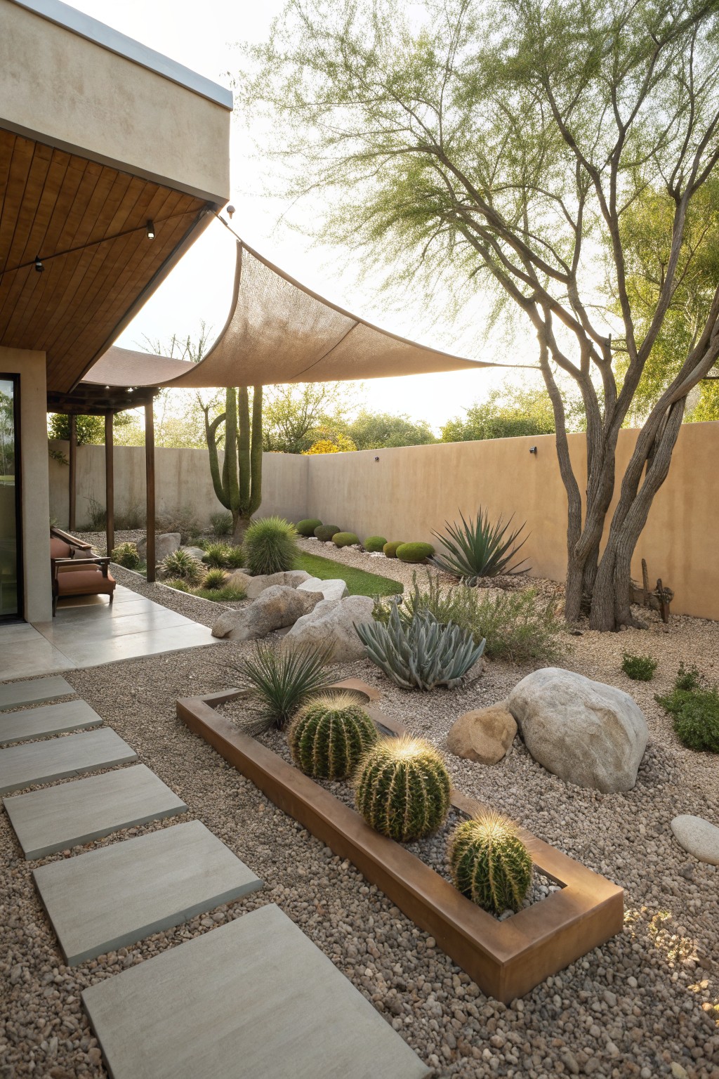 Backyard with gravel ground cover, a raised rectangular planter holding barrel cacti, large rocks, and concrete stepping stones leading past desert plants toward a modern house.