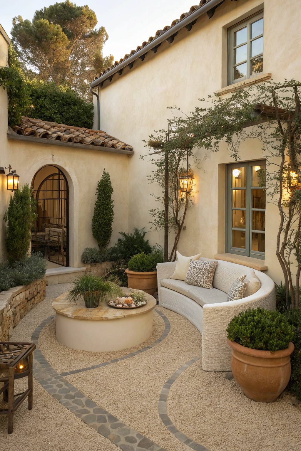 Cozy Mediterranean courtyard with curved sofa, round fire pit, potted plants, and lanterns.
