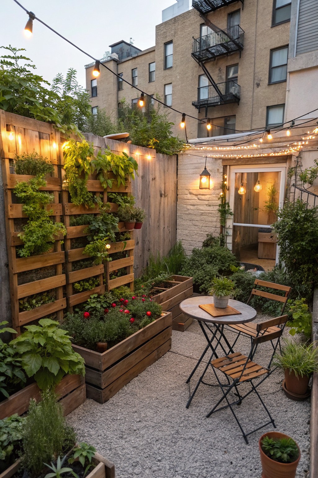 A compact backyard patio covered in light gravel, bordered by wooden planters with assorted plants, and furnished with a small round table and two folding chairs under string lights.