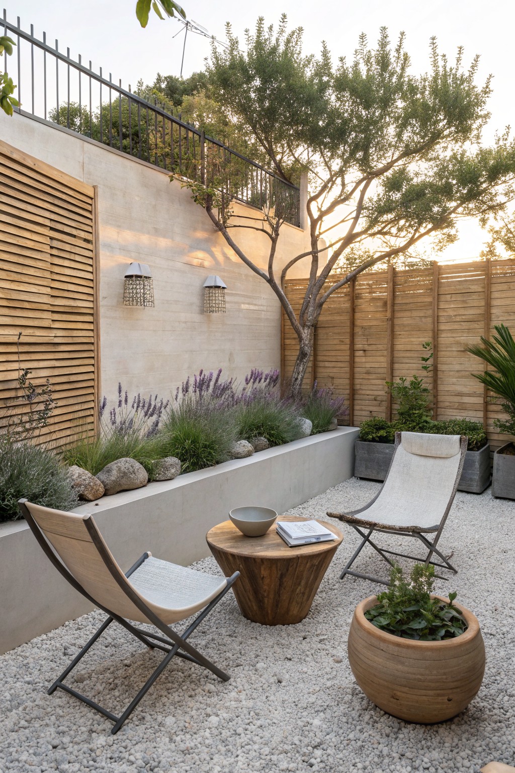 A small gravel backyard patio with two folding chairs, a round wooden table, and large planters set against a concrete wall with lavender plantings.