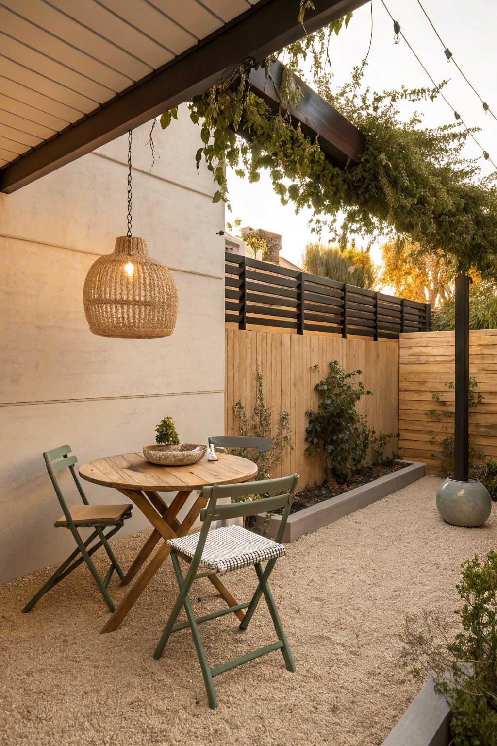 A round wooden table with two green folding chairs sits on gravel under a hanging woven pendant light, with plants along a wooden fence in the background.