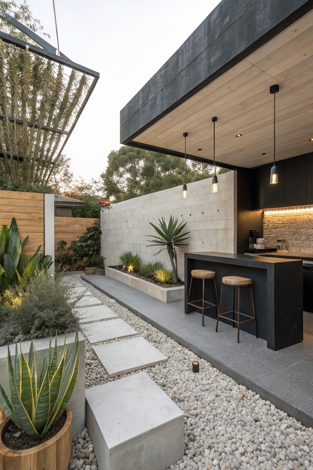 An outdoor kitchen bar with two stools sits next to a gravel area with concrete stepping stones and large planters.