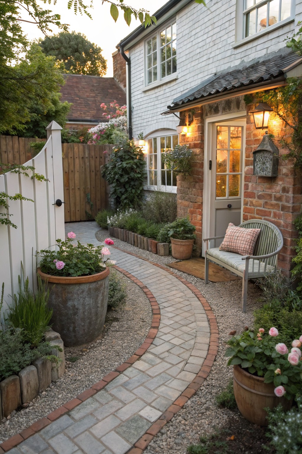 A curved gravel path with brick edging runs past large planters and a wooden bench toward the back door of a white house.