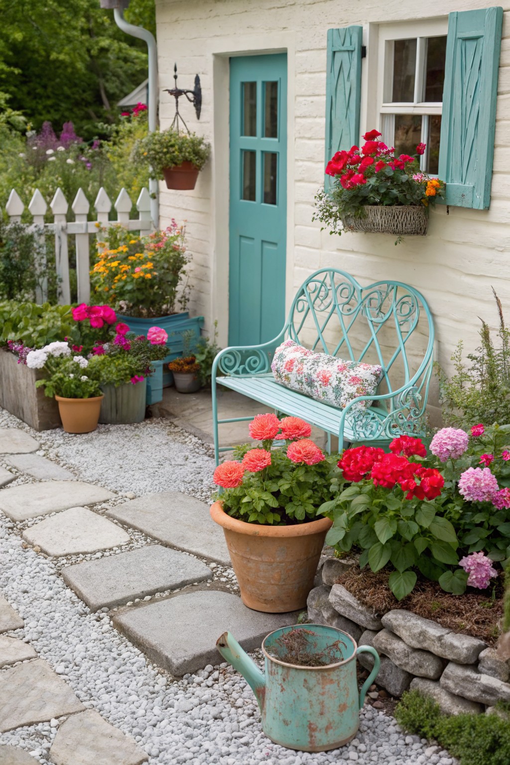 A light blue metal bench with a floral cushion sits on a gravel path next to a white house, surrounded by numerous flower-filled planters and stone edging.