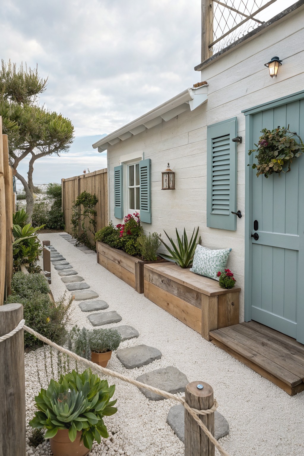 A narrow side yard with white gravel, stepping stones, long wooden planter boxes holding plants, a wooden bench, and a white house with light blue door and shutters.