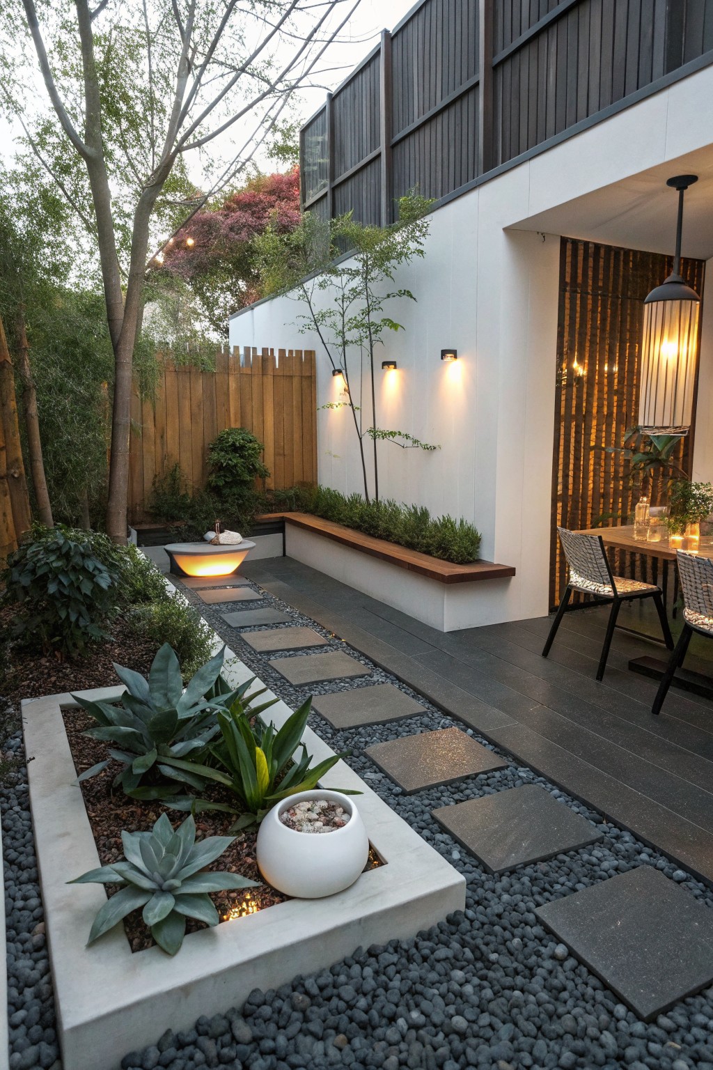 A small backyard features a gravel path with large rectangular stepping stones, a raised concrete planter holding succulents and a white bowl, and a wooden deck with a dining table and chairs beside a white wall with sconces.