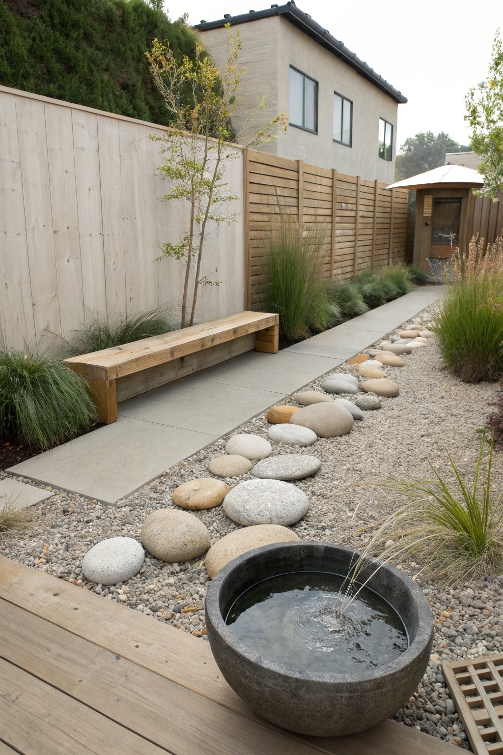 A backyard view shows a gravel surface with large flat stepping stones forming a winding path beside a wooden bench and a round stone water bowl.