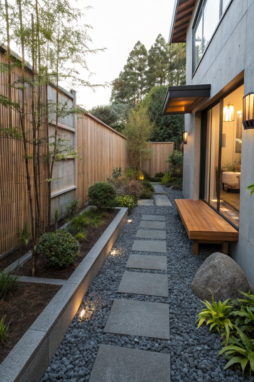 A narrow backyard walkway lined with gravel and gray stepping stones, bordered by a raised planter bed on the left and a wooden bench beside a modern house on the right.