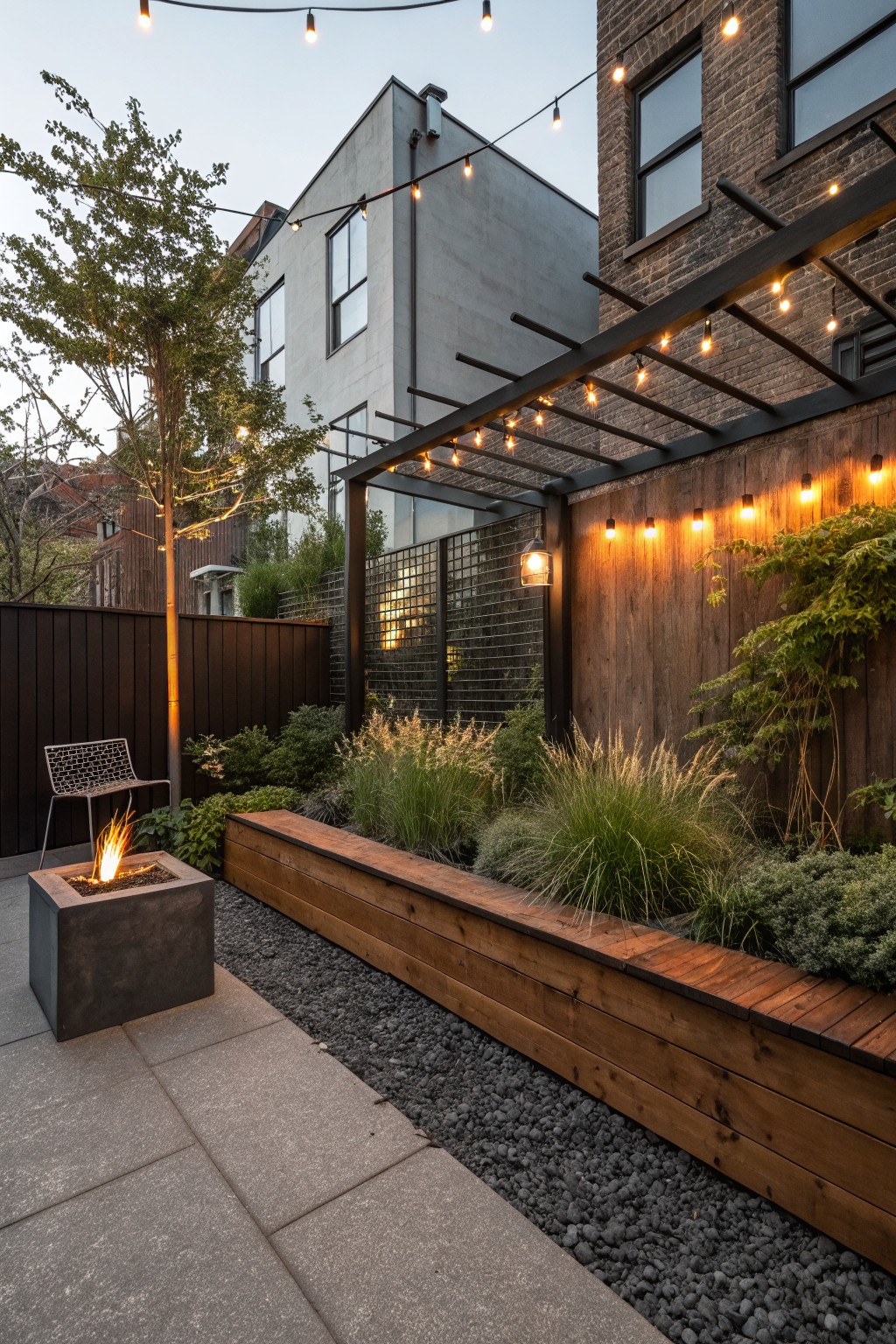 A small urban backyard shows a concrete fire pit area next to a long wooden planter box with gravel in between and string lights overhead.