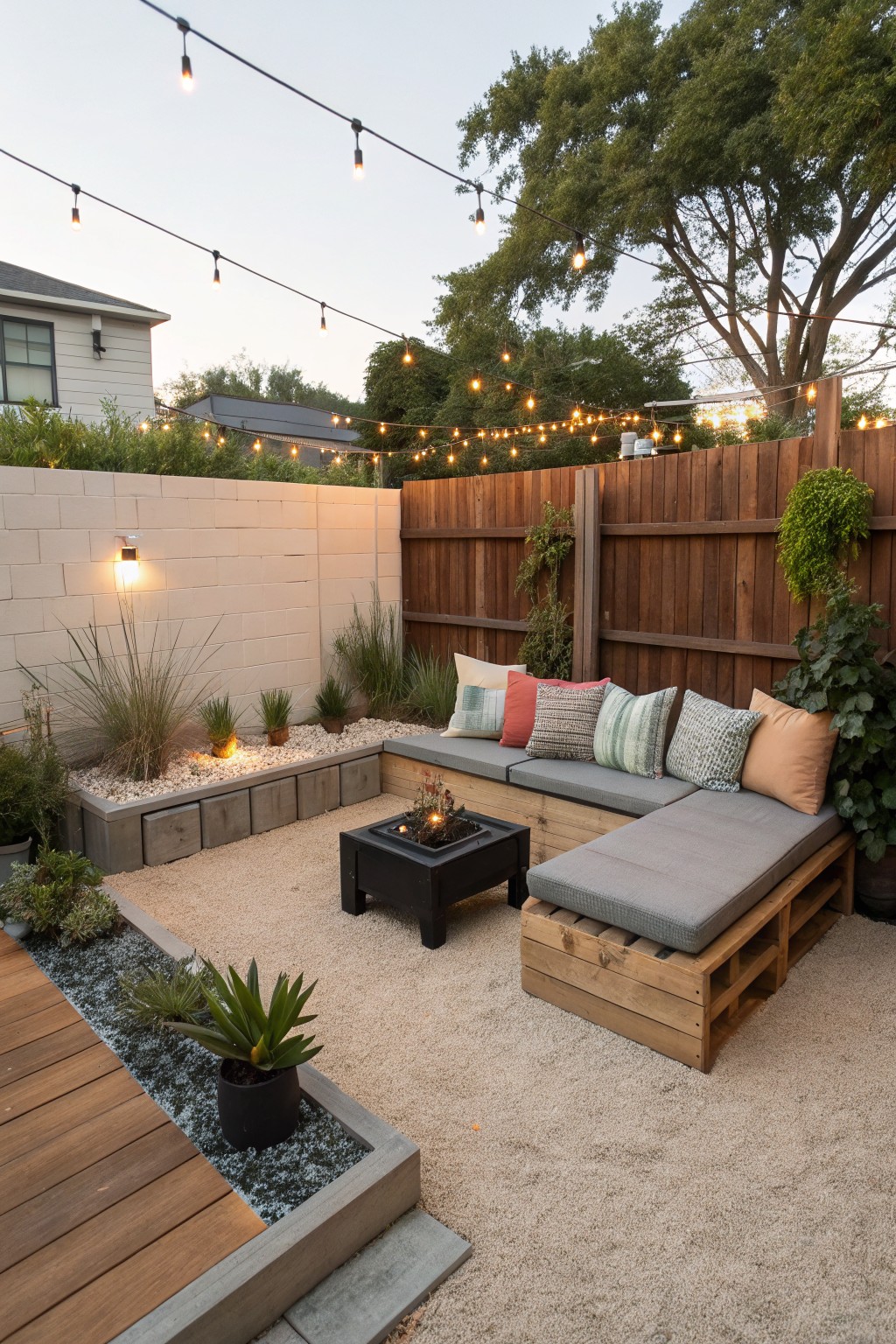 A backyard patio covered in light gravel with wooden pallet seating, gray cushions, a central fire pit, and string lights above.