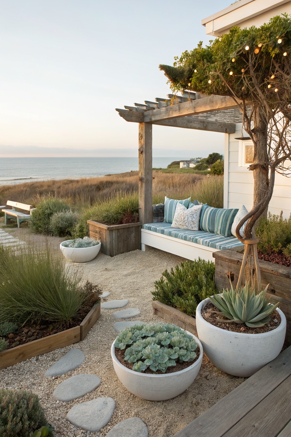 A gravel backyard seating area with stone stepping stones, multiple round and rectangular planters, a white bench with blue striped cushions under a wooden pergola, and coastal landscape in the background.