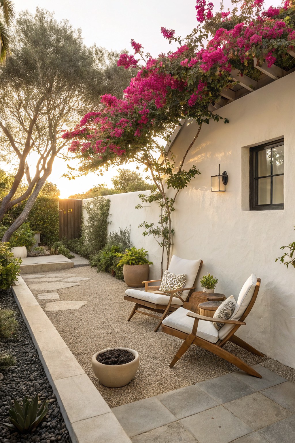 A gravel seating area with two wooden lounge chairs, white cushions, and several large planters next to a white stucco wall covered in bougainvillea.