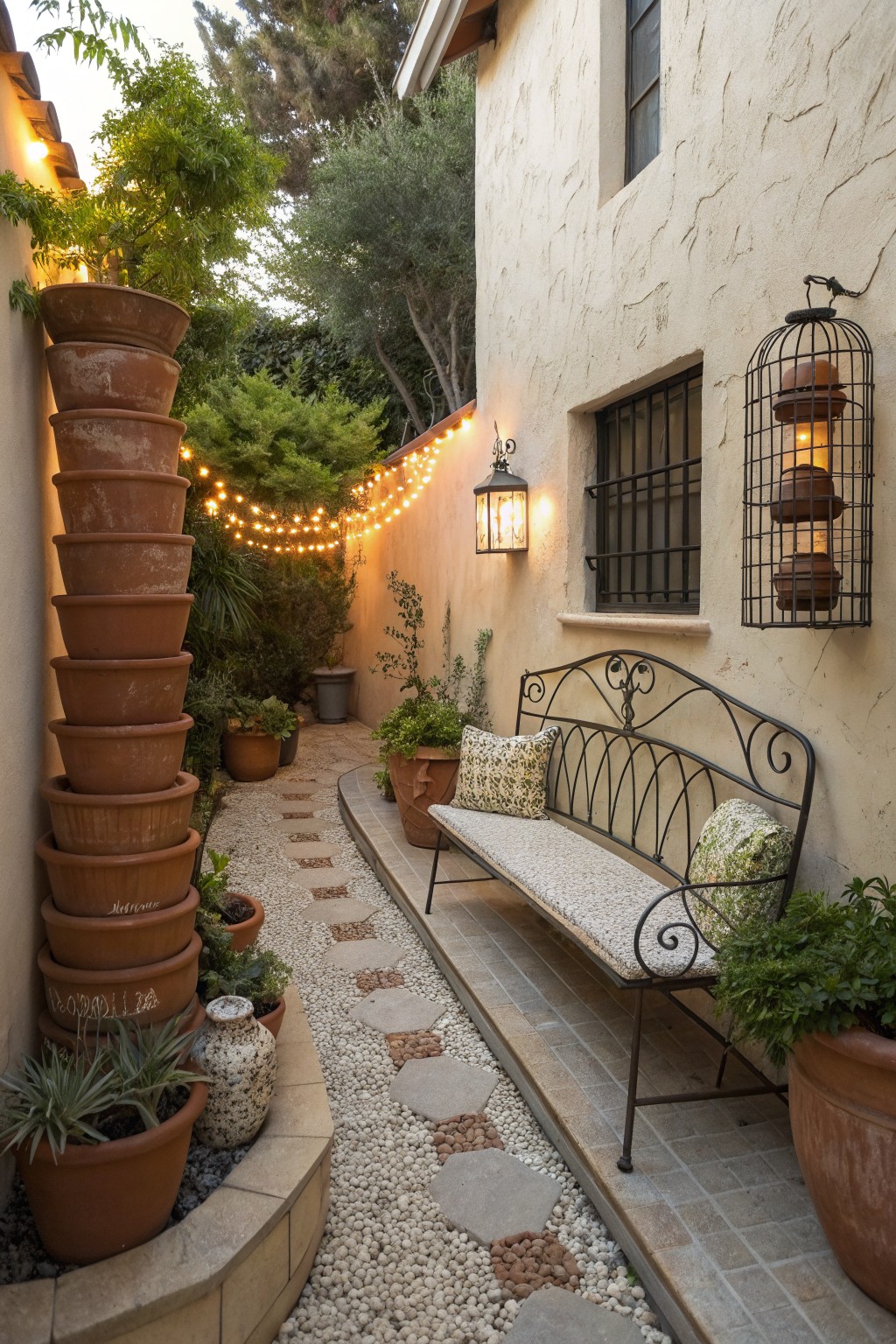 A narrow outdoor walkway with gravel and stone pavers, lined with stacked terracotta planters on one side and a metal bench against a stucco wall.