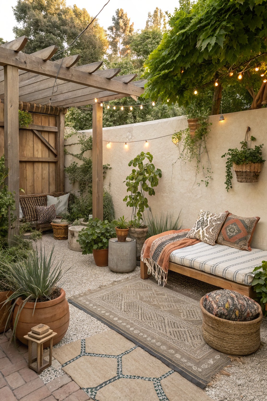 A small backyard patio featuring a wooden daybed with striped cushion and pillows, gravel ground cover, multiple potted plants, string lights, and a wooden pergola.