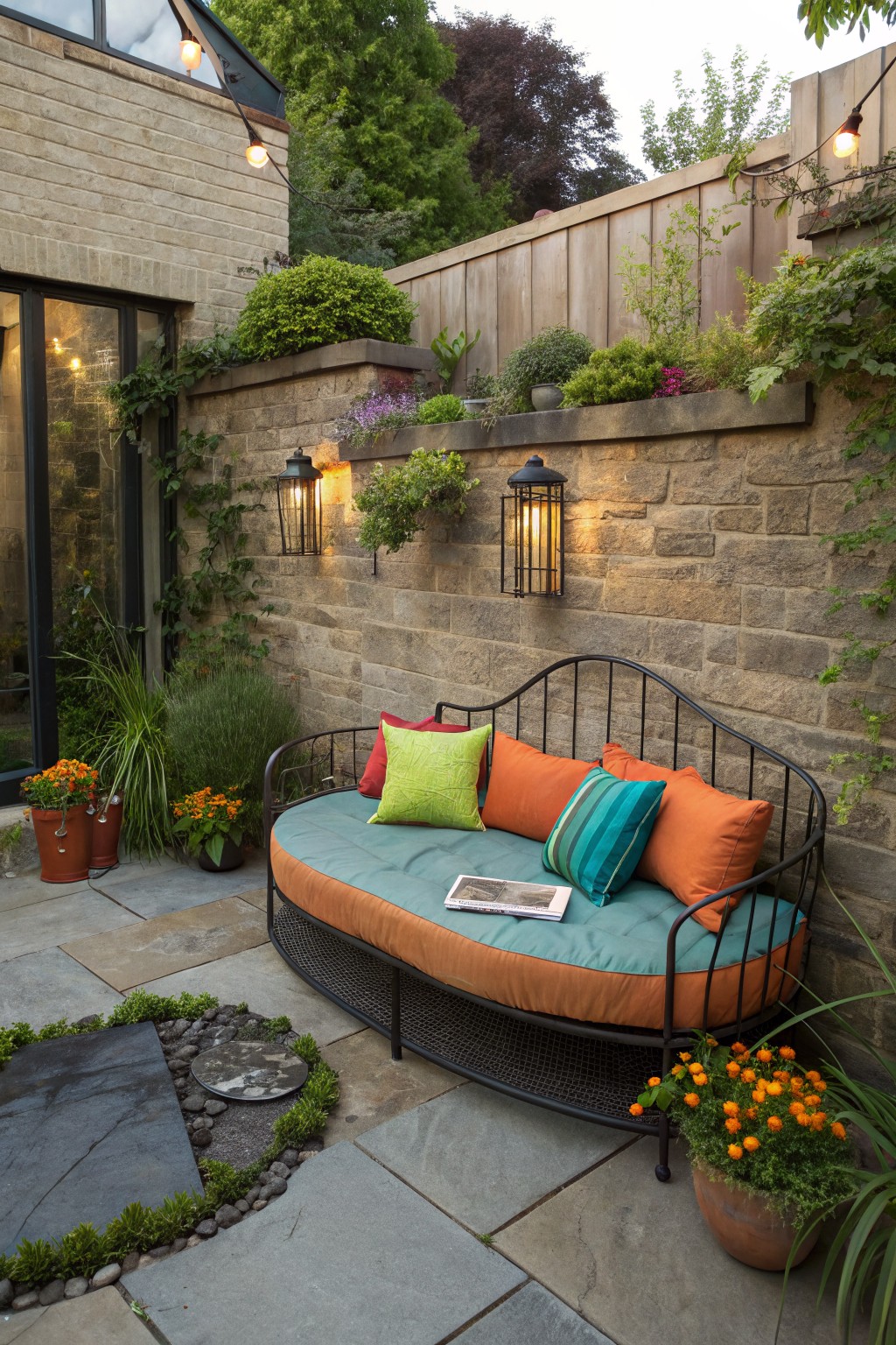 A curved black metal daybed with teal and orange cushions sits on a stone patio beside a brick wall with wall lanterns and potted plants.
