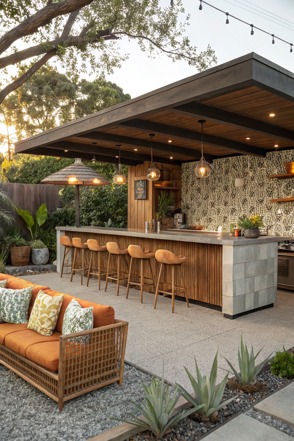 Modern outdoor bar with orange stools, sofa, mosaic wall, and pendant lights amid greenery