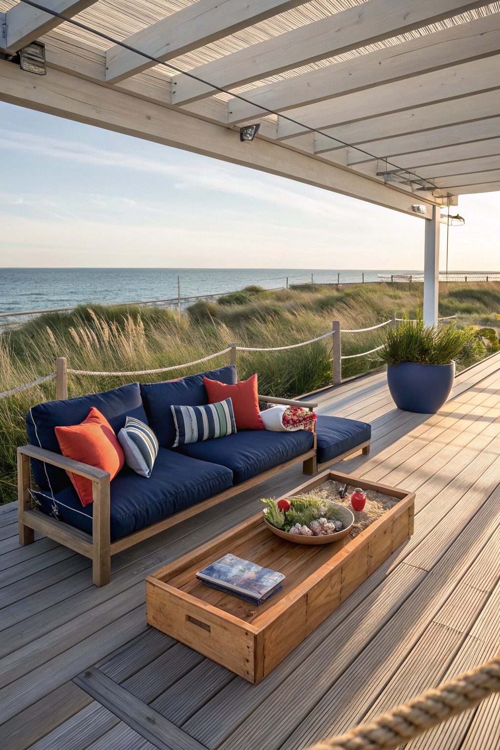 Wooden deck with navy blue sofa and orange cushions under a white pergola, next to a large blue planter, with a wooden tray table in front and ocean dunes visible beyond.