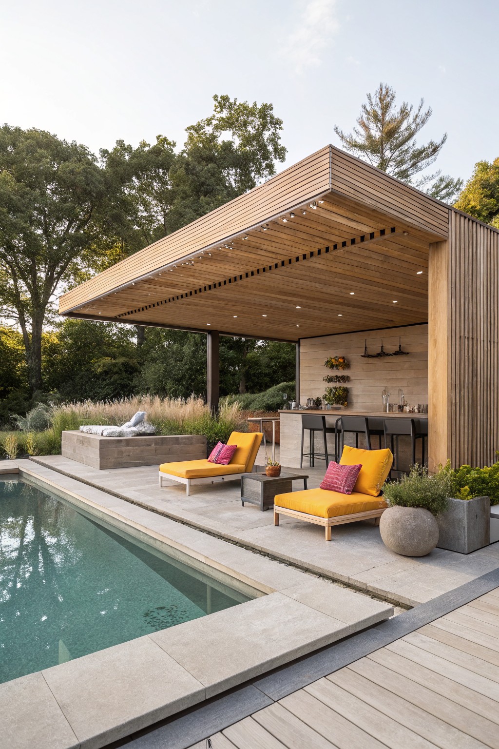 A wooden pavilion with an outdoor bar and yellow cushioned lounge chairs sits beside a swimming pool in a wooded setting.