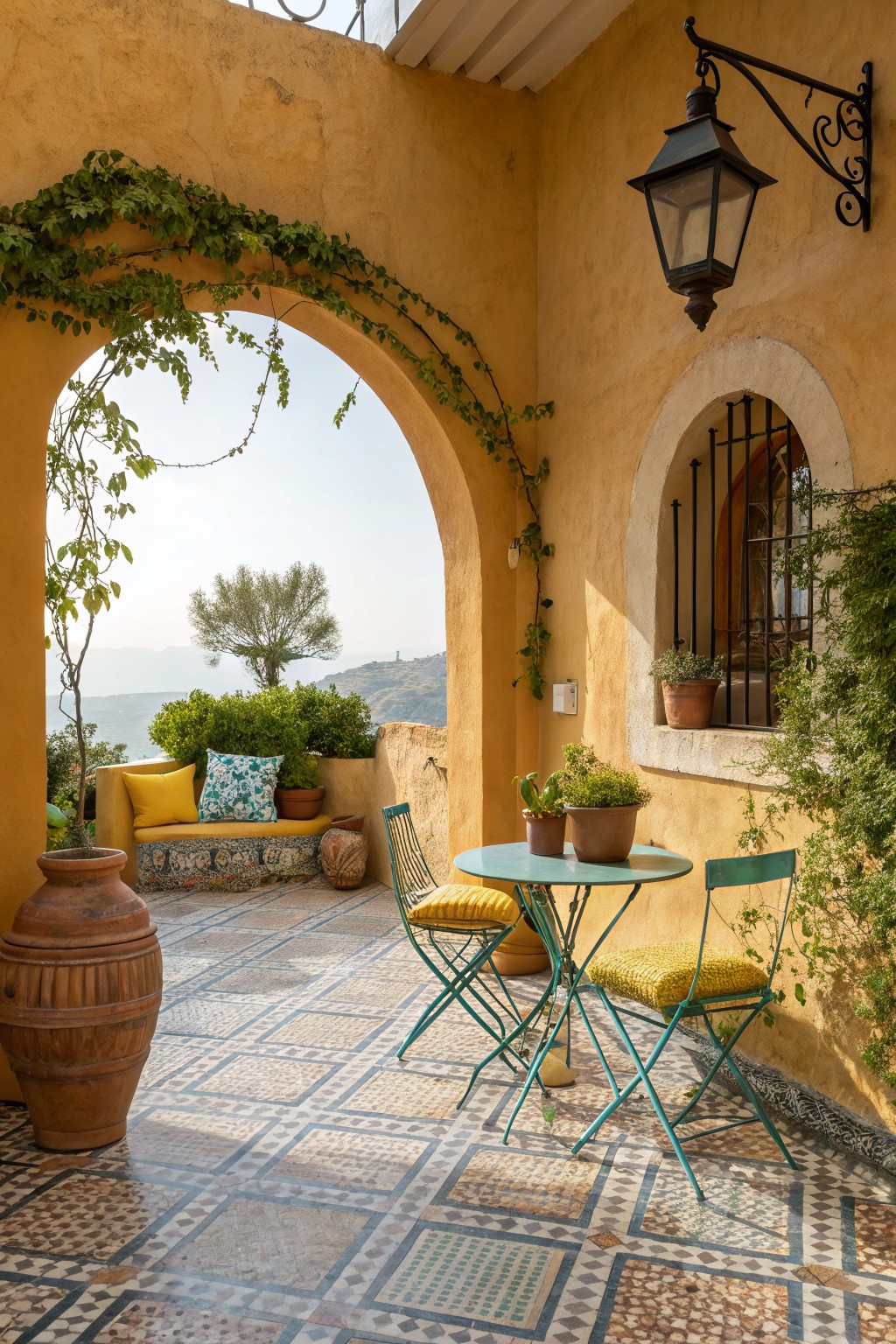 A sunny outdoor patio with a small teal bistro table, two cushioned chairs, potted plants, and a large archway overlooking hills and the sea.