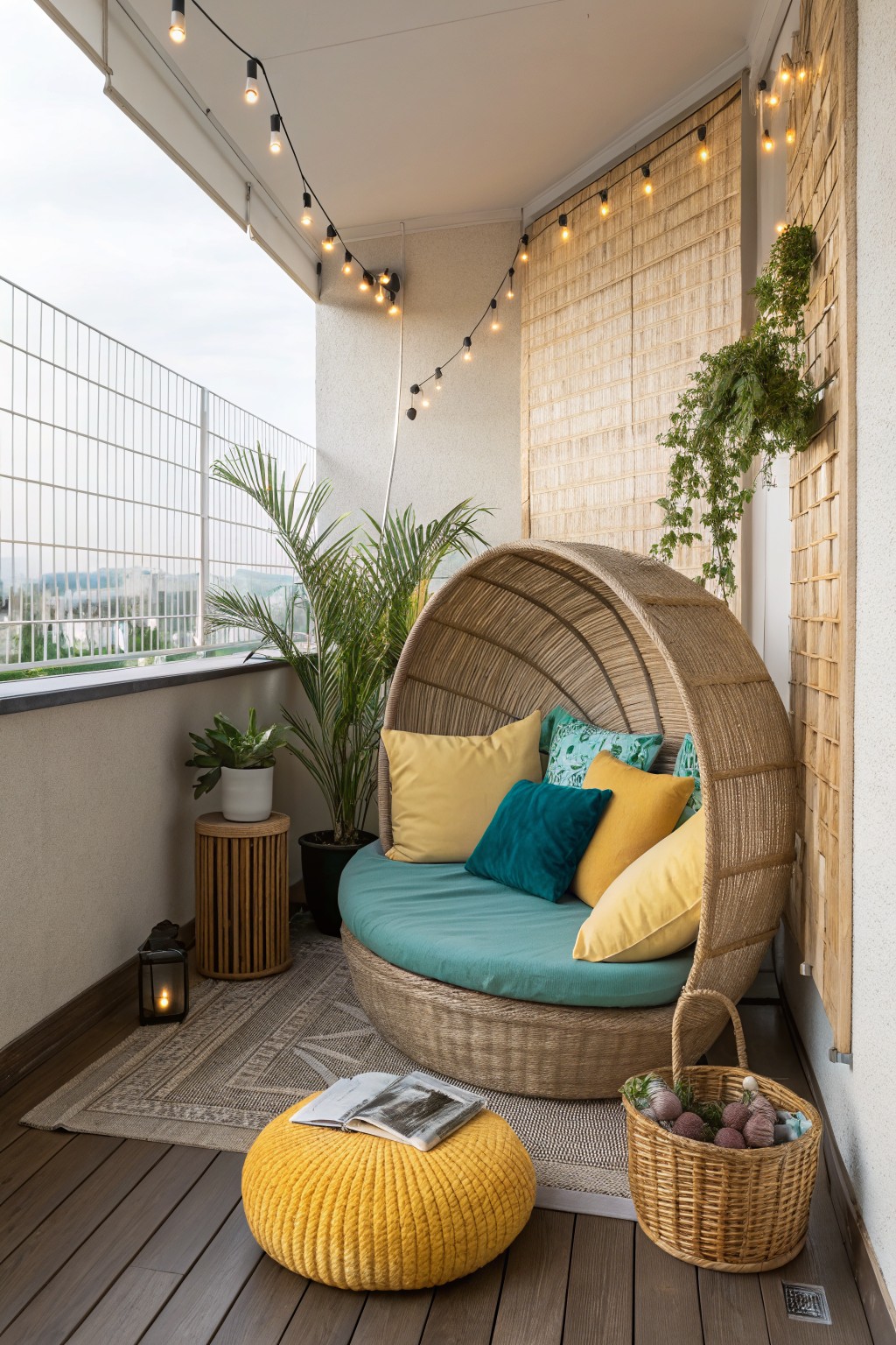 A woven pod chair with turquoise and yellow cushions sits on a balcony rug beside a yellow floor pouf, string lights, and potted plants.