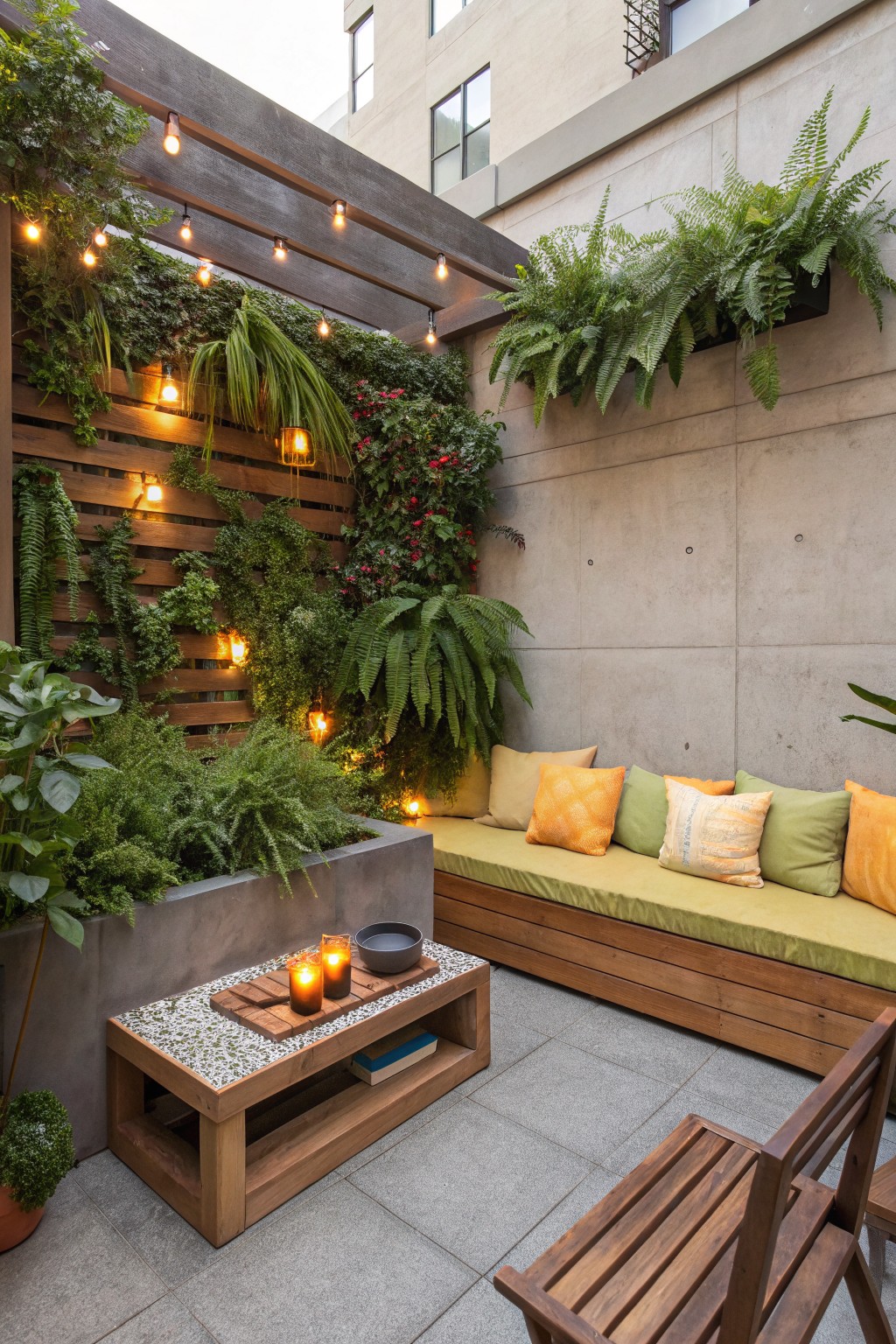 An outdoor patio corner with a long wooden built-in bench topped with a green cushion and colorful pillows, a living wall with ferns and string lights, and a wooden coffee table holding candles and books.