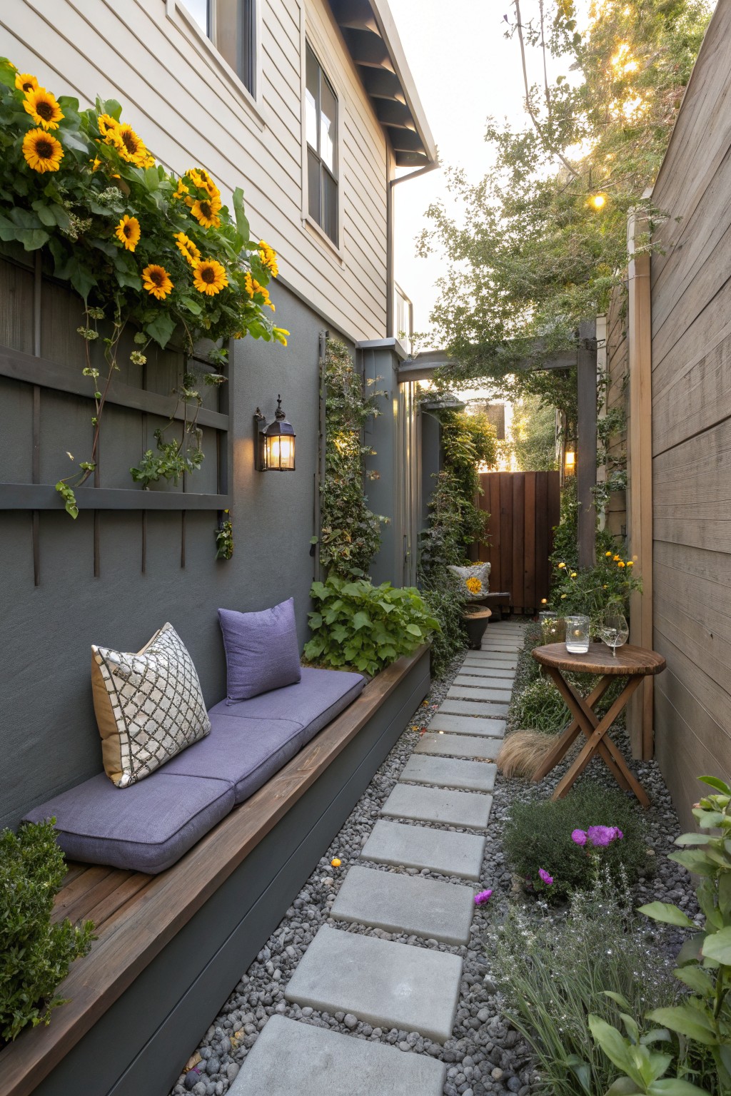 Narrow patio with purple bench, sunflowers, stone path, and wooden table
