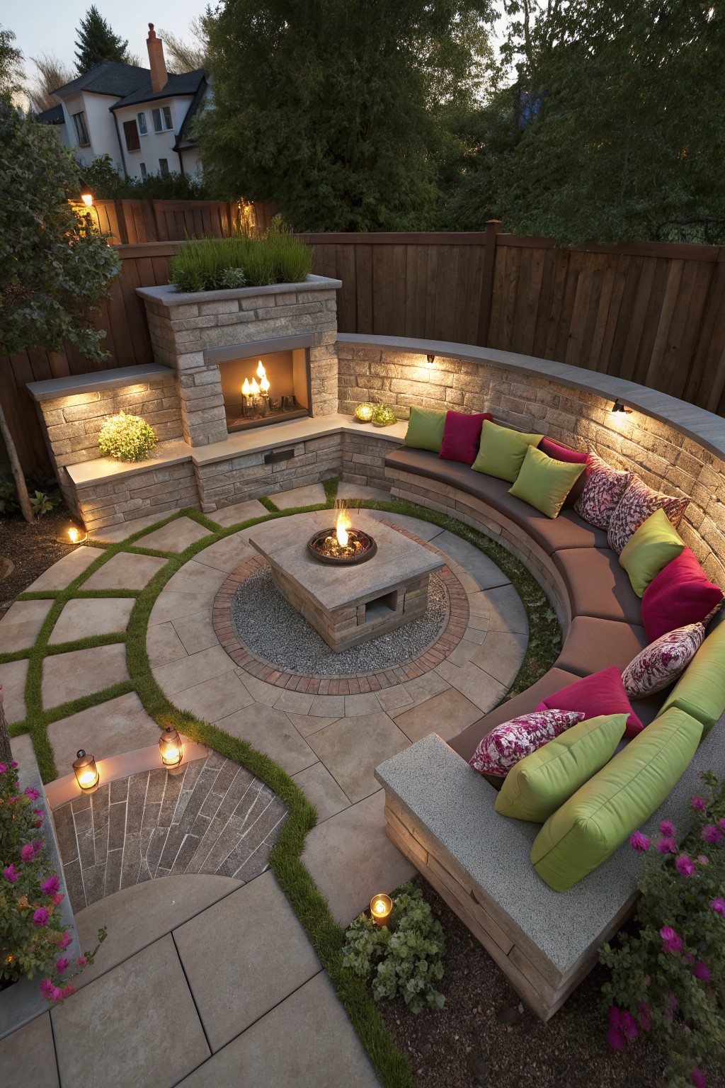 A curved stone bench with colorful cushions surrounds a square fire pit on a paved patio with grass and landscaping around the edges.