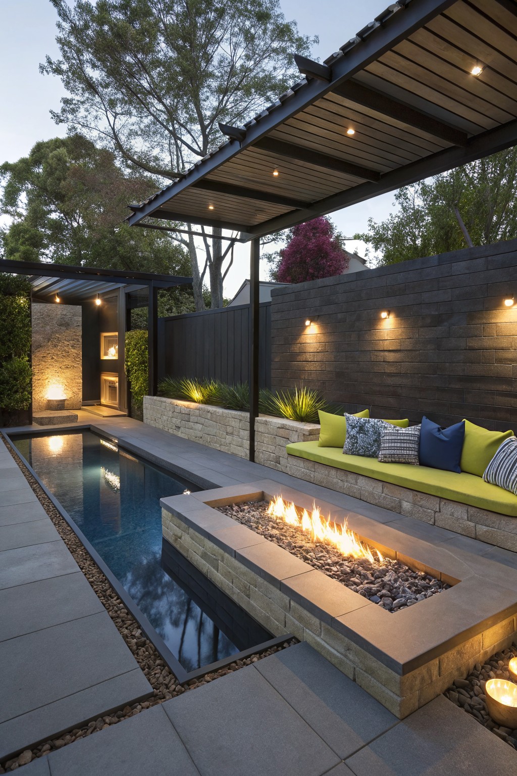 Modern patio with pool, fire pit, green cushioned bench, stone walls at dusk
