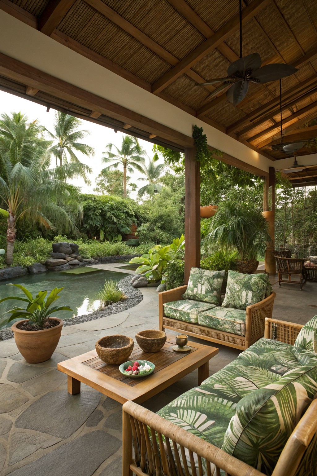 A covered outdoor patio featuring wooden and rattan sofas with green patterned cushions, a low wooden coffee table, potted plants, and a view of a pool surrounded by tropical greenery and palm trees.