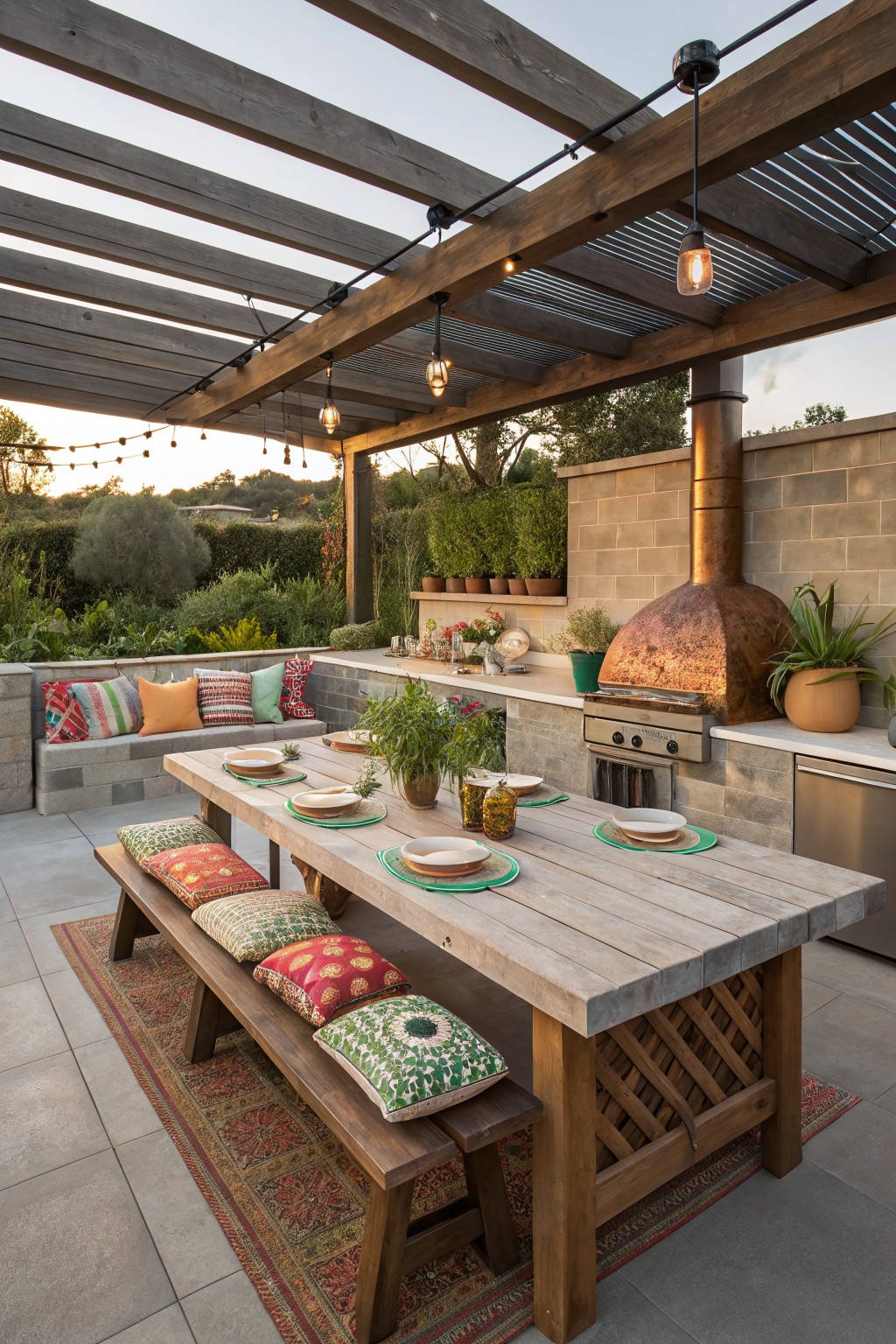 Rustic wooden dining table with colorful pillows beside stone pizza oven under lit pergola.